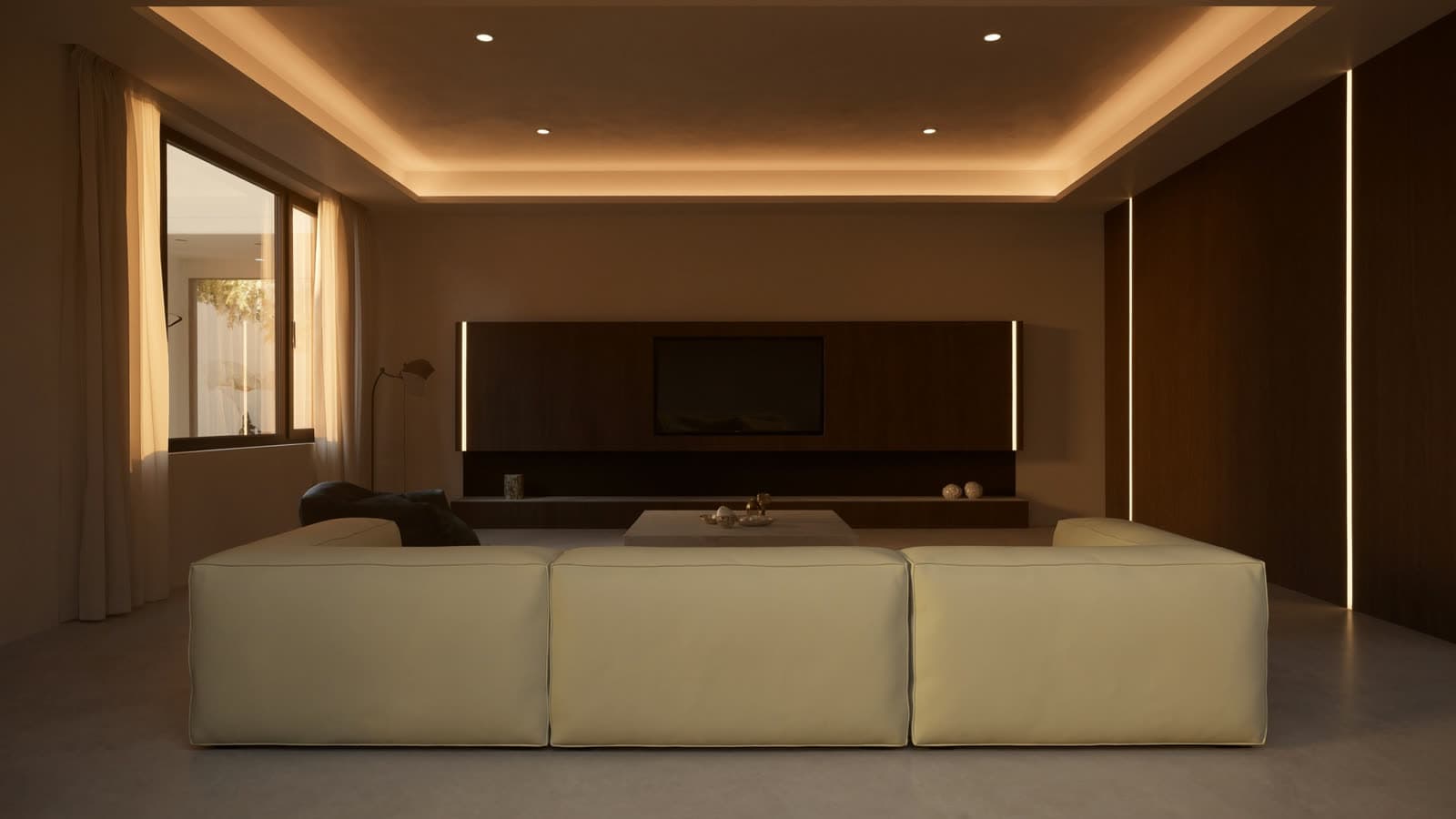 Estudo de uma sala de estar contemporânea, desenhado antes da obra.